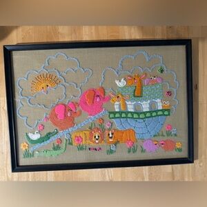 Vintage Noah's Ark Framed Crewel Needlepoint